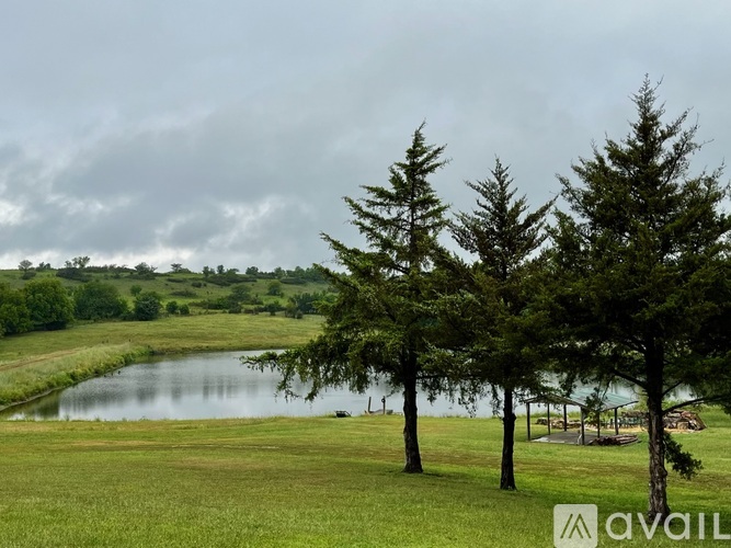 A grassy field with a lake and trees in the distance.