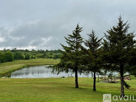 A grassy field with a lake and trees in the distance.