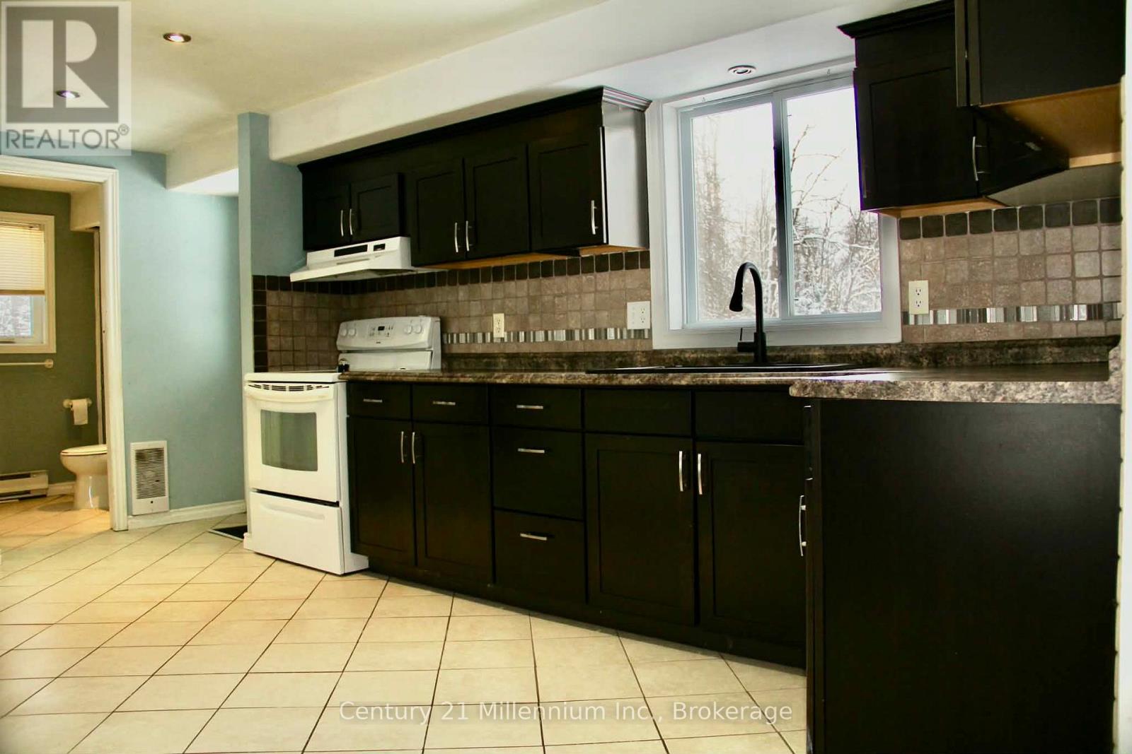 A kitchen with black cabinets and a white dishwasher.