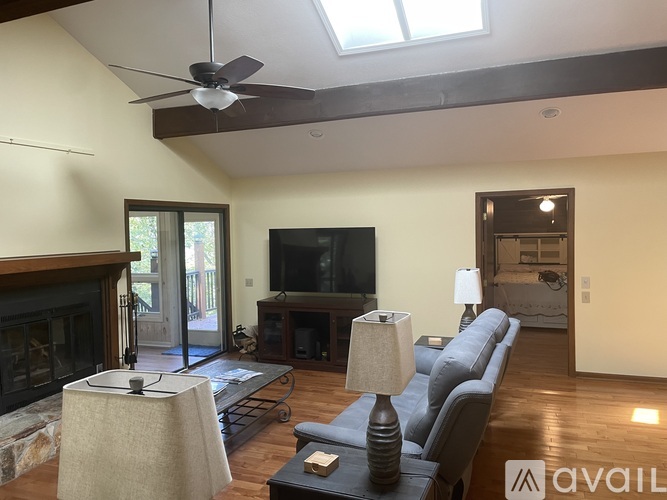 A living room with a fireplace and a television.