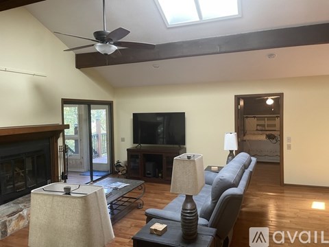A living room with a fireplace and a television.