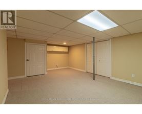 A spacious room with a carpeted floor and a white ceiling with a light fixture.