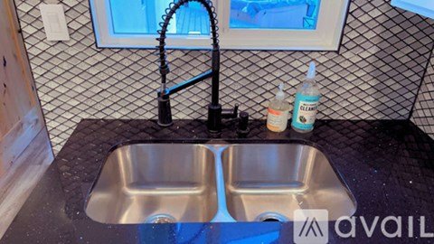 A kitchen sink with a black faucet and two bottles of cleaning products.