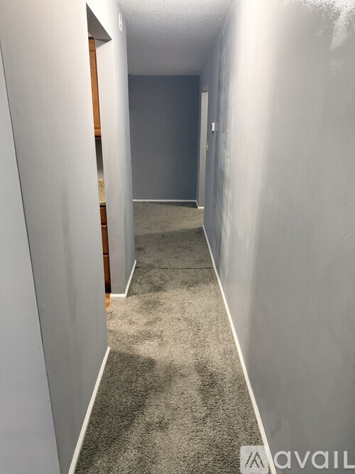 A long, narrow hallway with a carpeted floor and white walls.