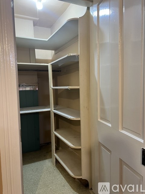 A white closet with shelves and a door.