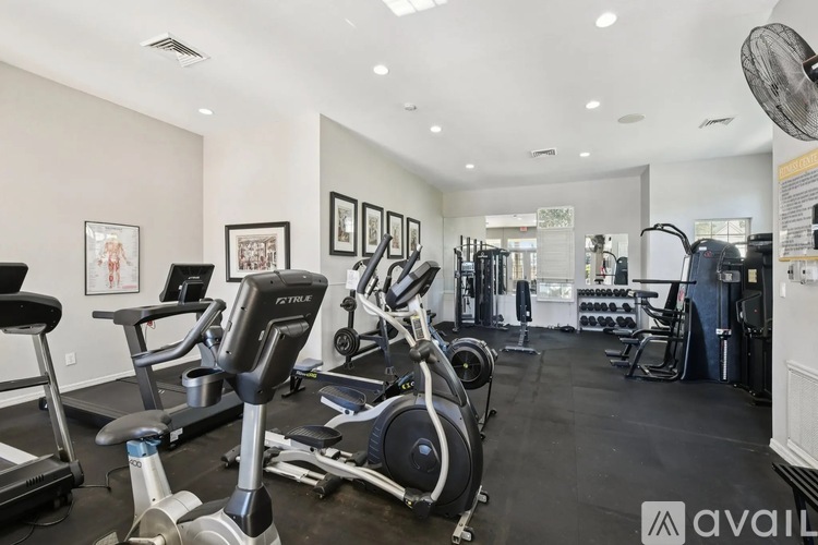 A gym with a variety of exercise equipment including treadmills, stationary bikes, and weight machines.
