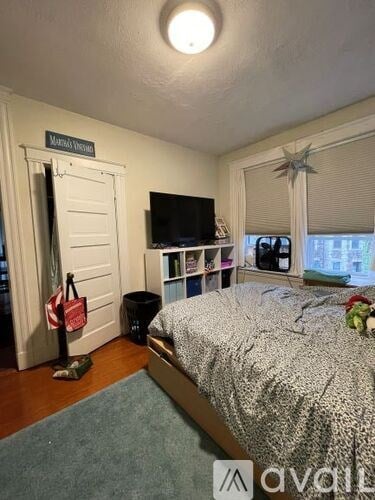 A bedroom with a bed, a TV, a window with blinds, and a sign that says "Mount Vernon Ave.".