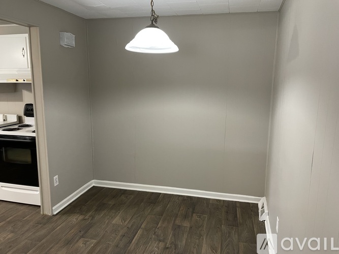 A room with a wooden floor and a hanging light fixture.
