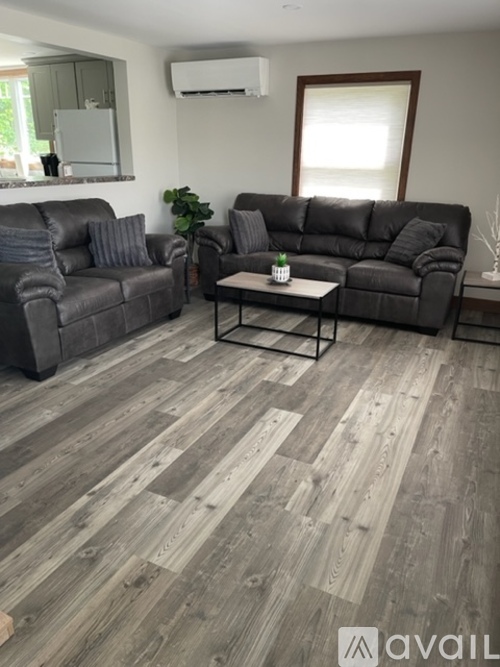A living room with a grey couch and a black leather couch.