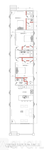 A floor plan of a building with multiple rooms and corridors.