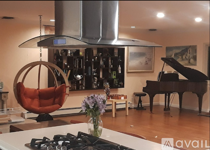 A modern kitchen with a hanging chair and a piano in the background.