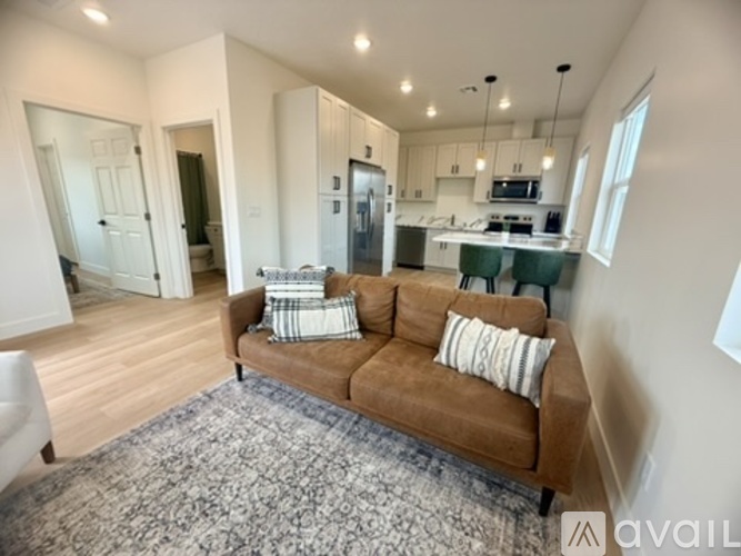 A living room with a brown couch and a patterned rug.