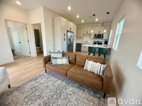 A living room with a brown couch and a patterned rug.