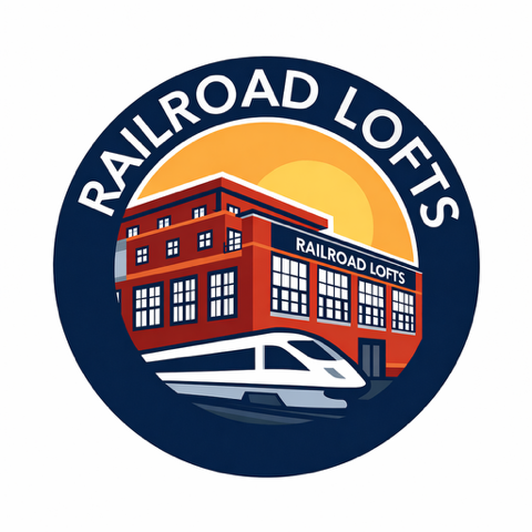 A logo for Railroad Lofts shows a red building with a train on a track in front of it.