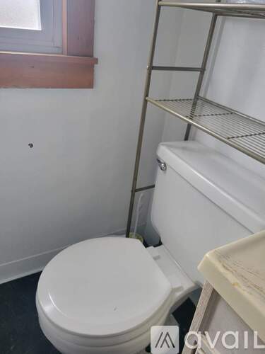 A white toilet in a small bathroom with a shelving unit next to it.