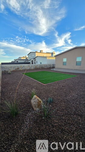 A gravel yard with a rock and a plant in the foreground and a building in the background.