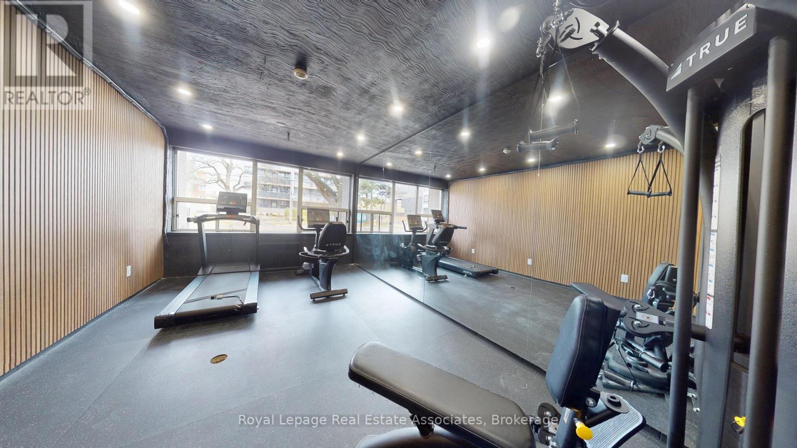 A gym with treadmills, weights, and exercise equipment.