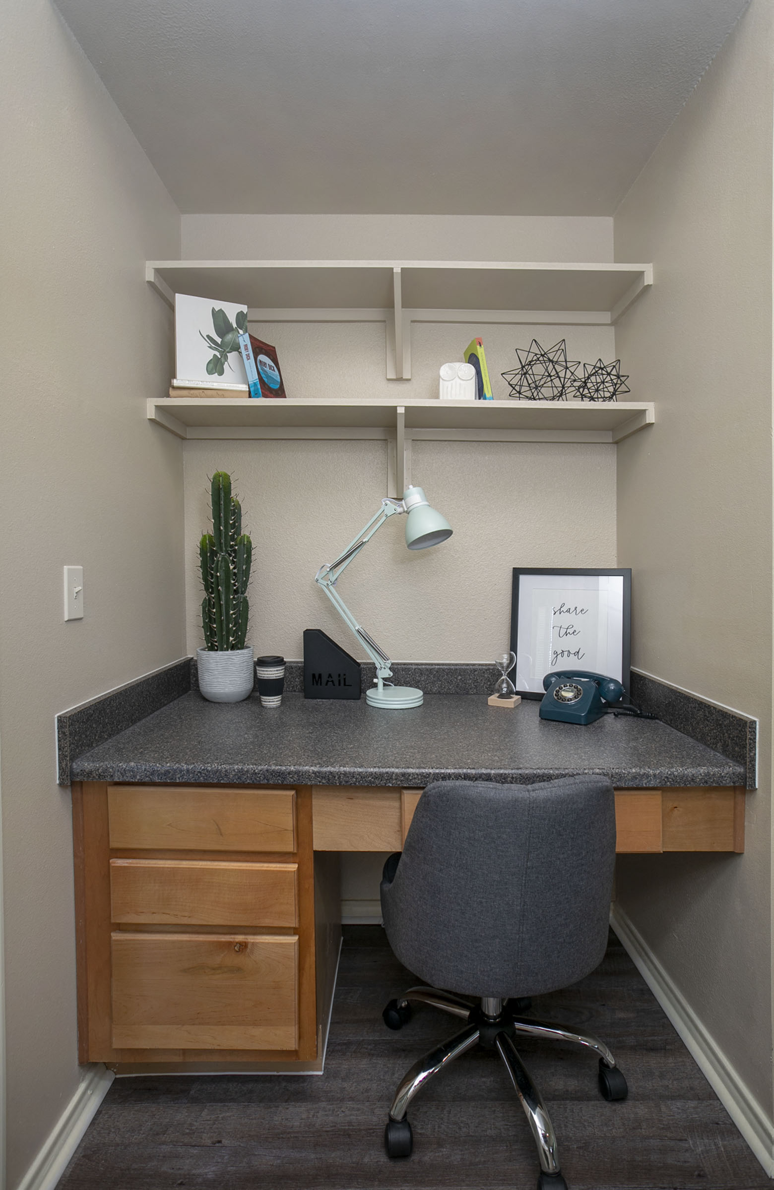 Apartments for Rent in Tyler - Built-In Desk with Three Drawers, Shelving and Overhead Lighting.