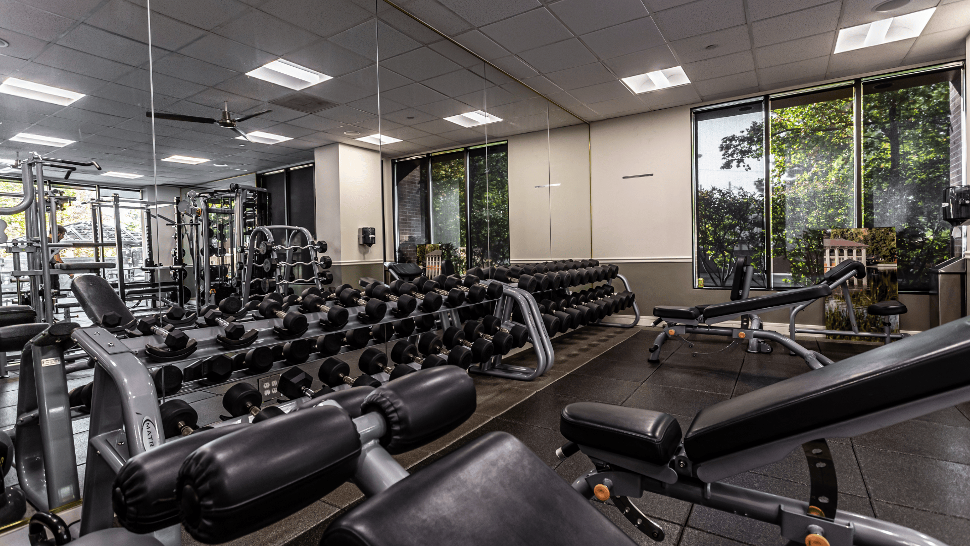 A gym with a variety of equipment including dumbbells, weight machines, and a bench press.