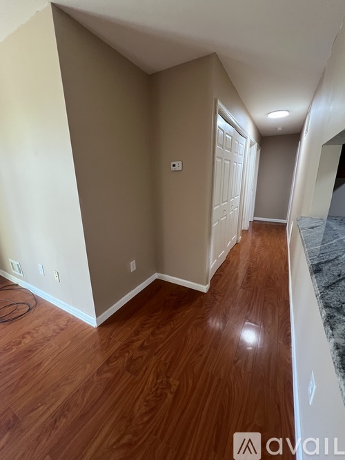 A hallway with wood flooring and a white door.