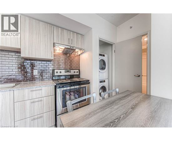 A modern kitchen with a stove top oven and a washing machine built into the cabinetry.