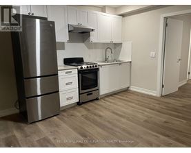 A kitchen with a stainless steel refrigerator, oven, and cabinets.