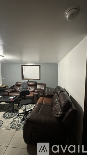 A living room with a brown couch and a rug.