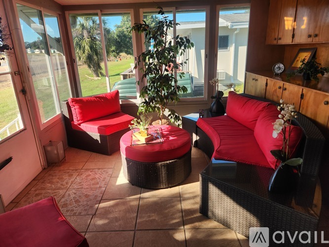 A living room with red couches and a tree in a red pot.