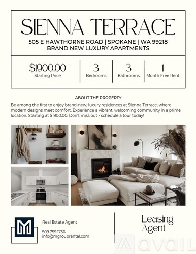A real estate advertisement for Sienna Terrace, a brand new luxury apartment complex.
