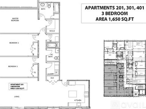 A floor plan of an apartment complex with three bedrooms and a living area of 1,650 square feet.