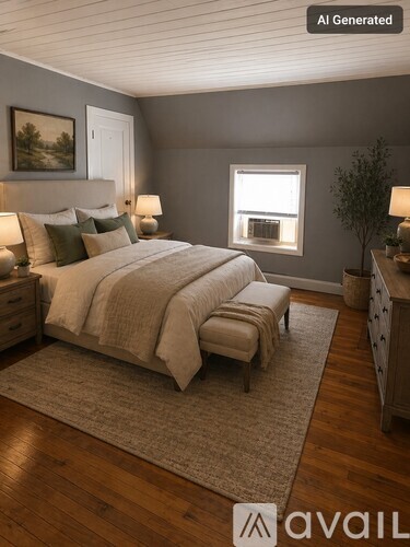 A bedroom with a large bed, a bench, and a painting on the wall.