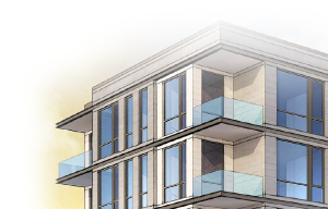a rendering of a tall building on a city street