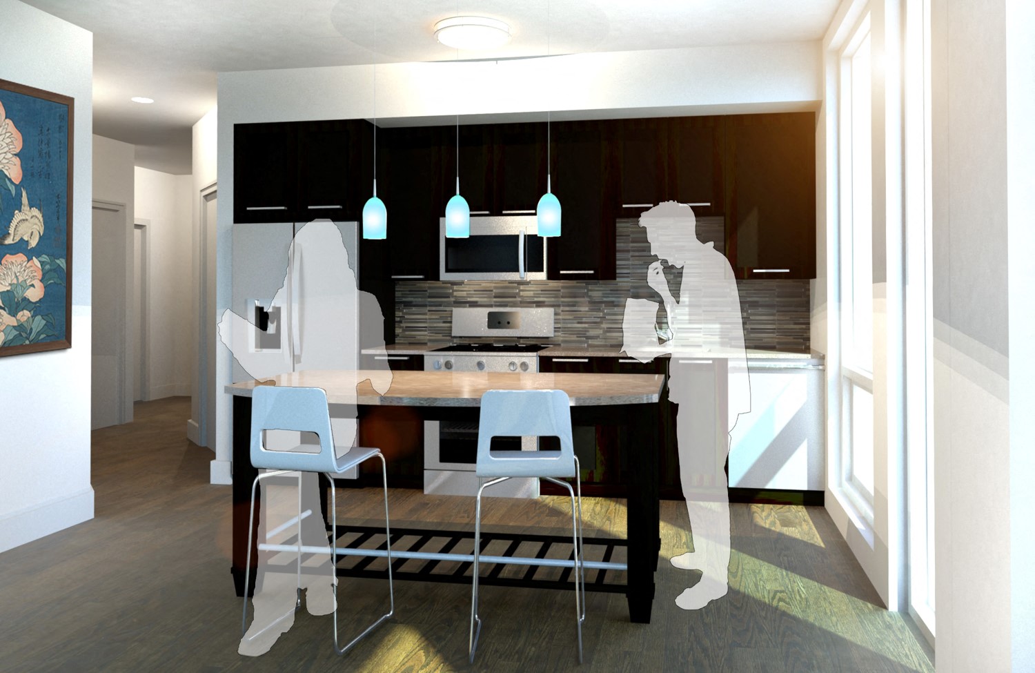a rendering of a kitchen and dining room in a house