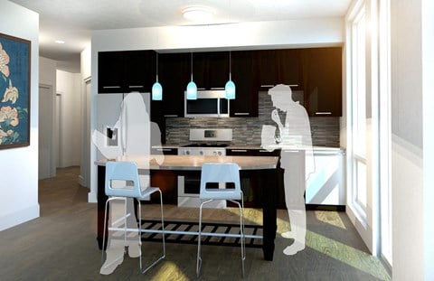 a rendering of a kitchen and dining room in a house