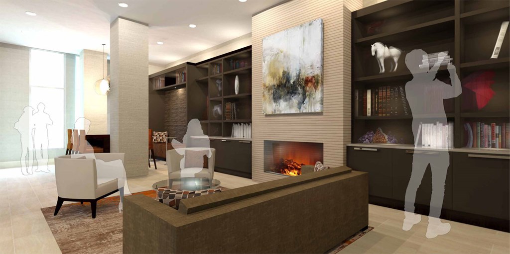 a rendering of a living room with a fireplace