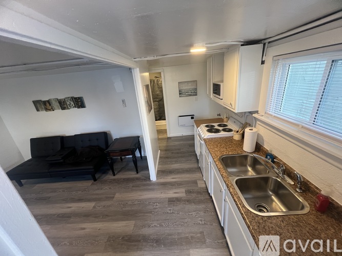 A kitchen with a sink and a sofa.
