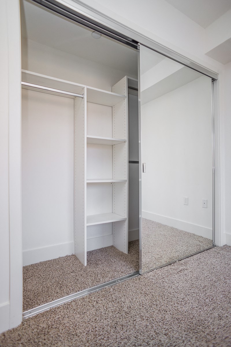 Bedroom with a Mirrored Closet with Built-In Shelves