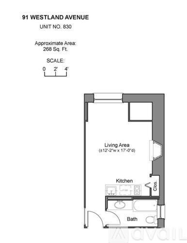 A floor plan for a unit at 91 Westland Avenue shows a living area, kitchen, and bath.