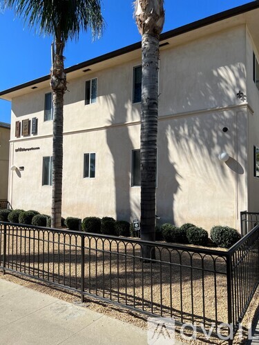 A building with a black fence and two palm trees in front.