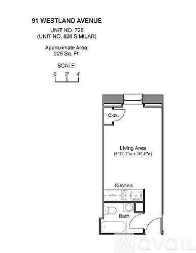 A floor plan for a unit at 91 Westland Avenue shows a living area, kitchen, and bath.