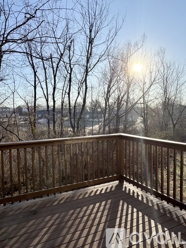 A deck with a railing and bare trees in the background.