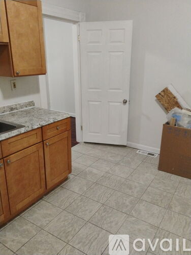 A kitchen with wooden cabinets and a white door.