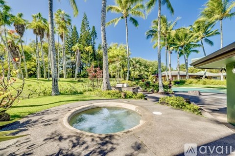 A hot tub sits in the middle of a concrete patio surrounded by palm trees.