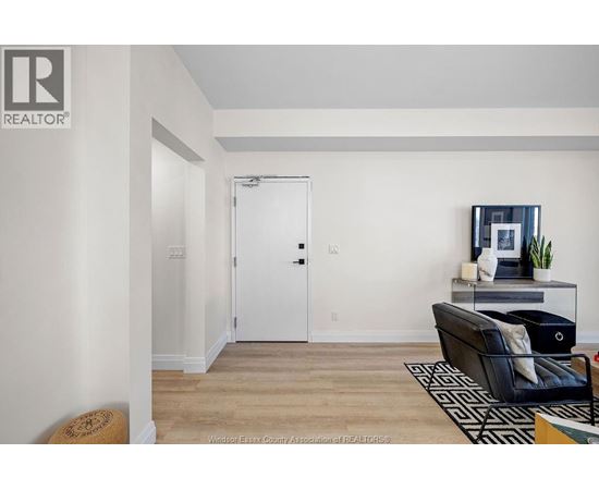 A living room with a black couch and a white door.