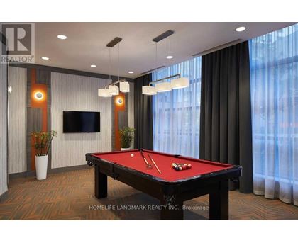 A pool table in a room with a television and a plant.