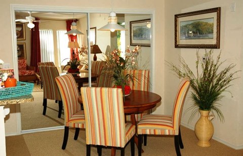 A dining room with a table and chairs.