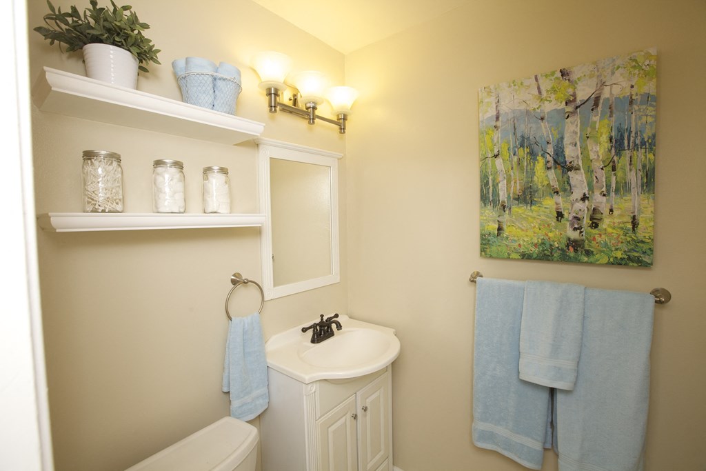 a bathroom with a sink and a painting on the wall
