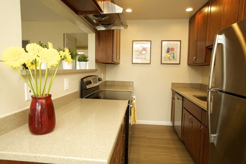 a kitchen with a vase of flowers on the counter