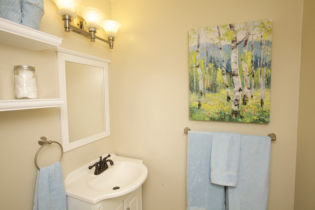 a bathroom with a sink and a painting on the wall
