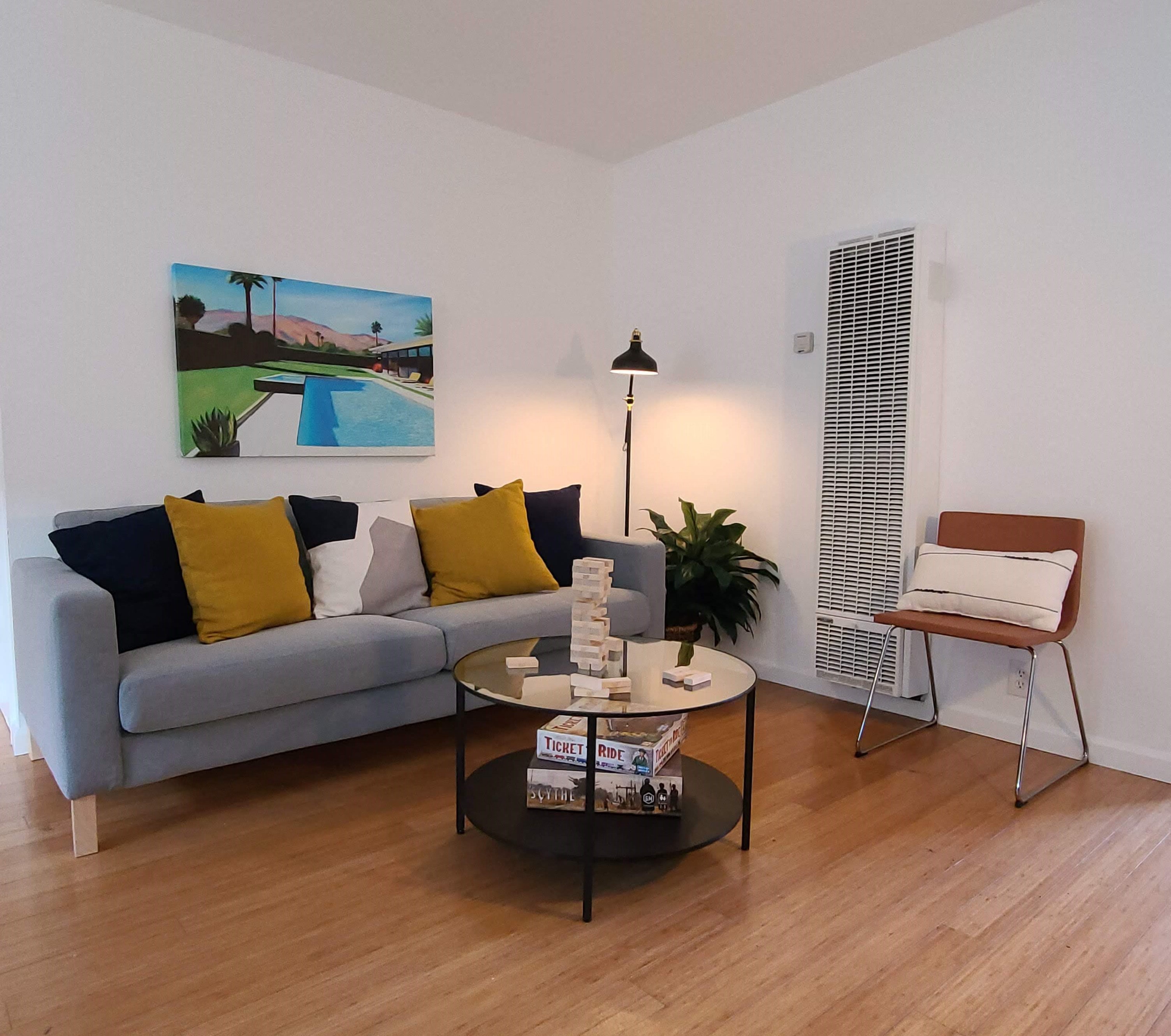 a living room with a couch and a coffee table